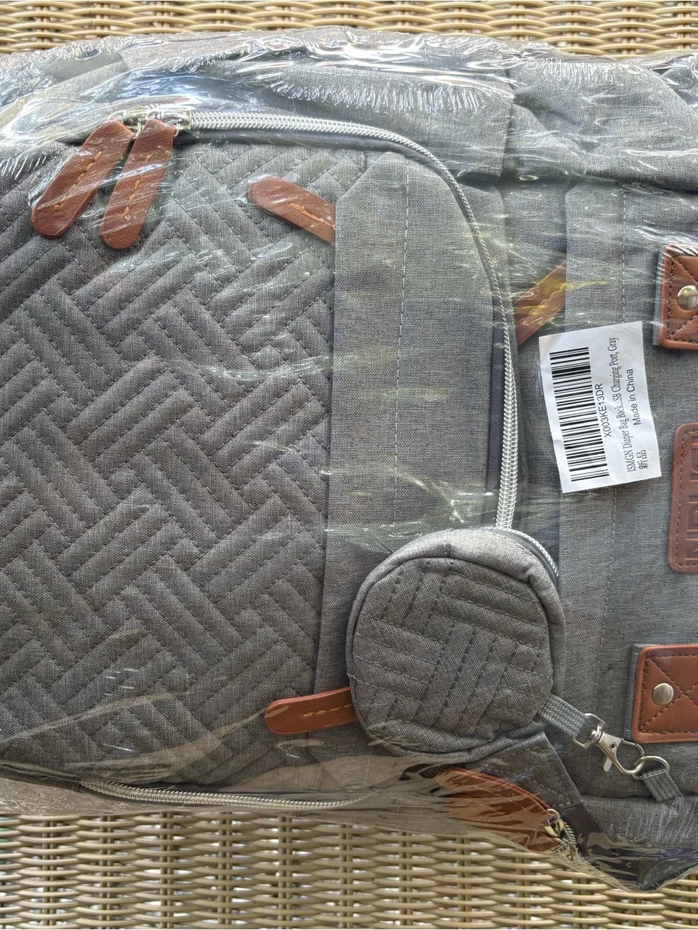 Grey Quilted Diaper Bag with Brown Trim